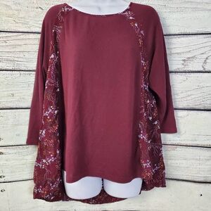 She + Sky Women’s Floral Tunic Top Medium Burgundy 3/4 Sleeve Flowy